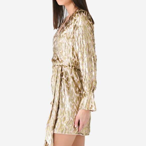 SIMKHAI Camryn Mini Wrap Dress Gold Metalic Silk Lurex 00 NWT $595 - Picture 8 of 10